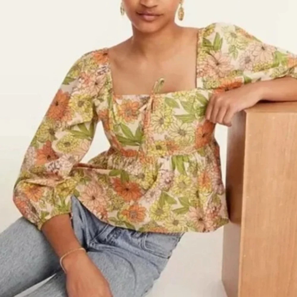 J. Crew Square Neck Tie-Front Blouse Women’s 18 Puff Sleeve Zinnia Floral